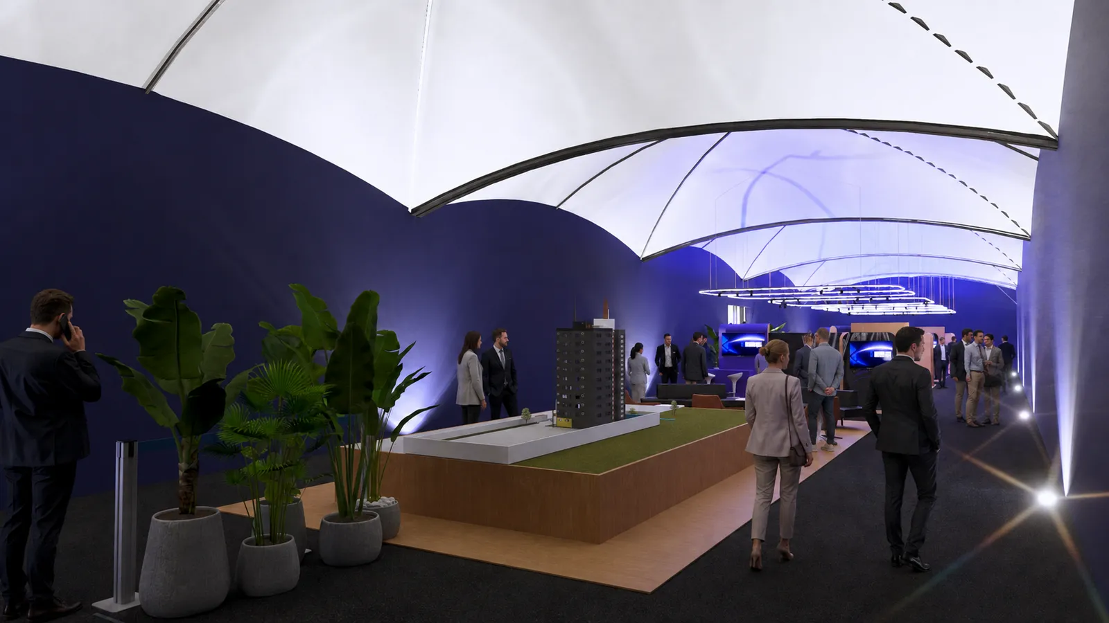 Projeto da vista interna da feira, com cobertura tensionada e área de circulação